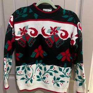 Vintage Cabin Creek  Holiday Sweater with Bells and Poinsettias